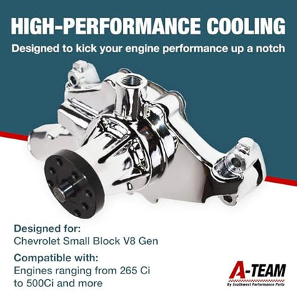 A-Team Performance 6-Blade Aluminum Water Pump - 5-5/8 in H, 5/8 in Shaft High-Volume Pump - Compatible with Small Block Chevrolet 265-400 Ci Engines