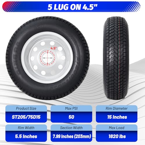 ST205/75D15 Trailer Tires with 15 in Rims, 5 Lug on 4.5 in, Load Range C, 6PR - size: ST205/75D15, style: 5 lug on 4.5"