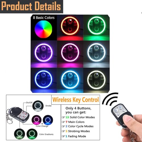 ROCCS 5.75" LED Motorcycle Headlight, Waterproof H4 Plug & Play Headlamp, 5-3/4 Round Headlight with Multi-Color Halo Ring Compatible with Harley Dyna Sportster 883 72 48