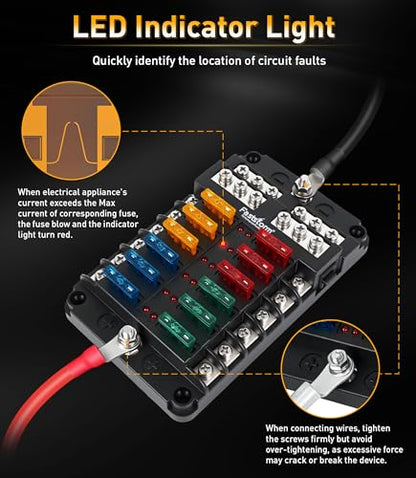12 Way Fuse Block, Fuse Blocks 12 Volt Automotive with LED Indicator Water Resistant Marine Fuse Panel, Fuse Box 12V with 36 Blade Fuses for 12V/24V Auto Boat RV Golf Cart Truck Car Marine - color: 12 Way Fuse Block