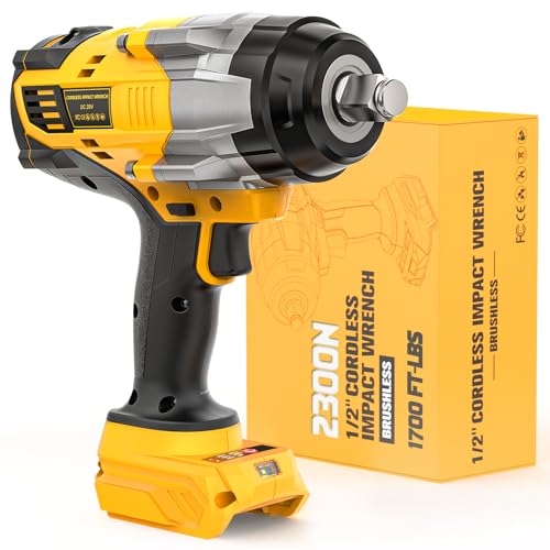 NATBEESY Cordless Impact Wrench Compatible with DeWalt 20V Battery: 1/2 Inch Hog Ring Impact Driver - High Torque - 2300N.m/1700Ft-lbs Cordless Impact Gun - Brushless Motor with LED Light - Tool Only - style: 2300N.M