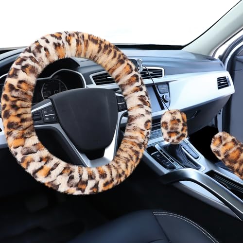 Accmor Fluffy Car Steering Wheel Cover, Universal Fuzzy Wheel Cover 14 1/2-15 & Handbrake Cover & Gear Shift Cover Set, Anti-Slip Leopard Warm Fur Vehicle Wheel Protector Car Accessories for Men Women - color: Beige/Leopard