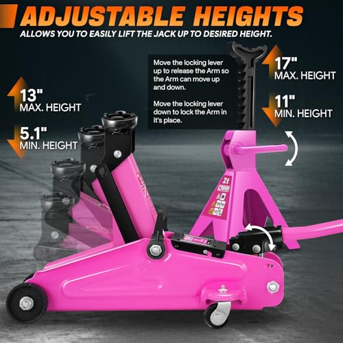 Low Profile Hydraulic Trolley Service/Floor Jack Combo with 2 Ratchet Jack Stands, 2 Ton (4000 lbs) Capacity, Lifting Range 11"-17", CAAP-TOLS-FJK-Set-PR
