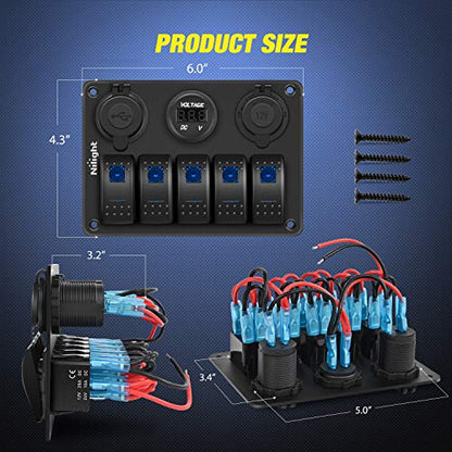 Nilight - 90118H 5 Gang Rocker Switch Panel Pre-Wired Aluminum Switch Panel with Dual USB Cigarette Lighter Socket Voltmeter12V-24V DC Switch Panel with Night Glow Stickers for Cars Rvs Trucks - color: Blue, size: 5+3 Gang Dual USB