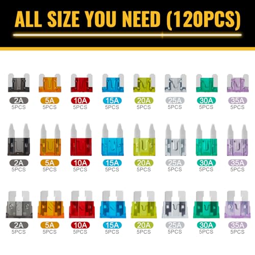 120 PCS Blade Fuses Assortment Kit, Car Fuses Assortment Kit- Standard & Mini & Low Profile Mini Fuse (2A 5A 10A 15A 20A 25A 30A 35A),Replacement Fuses for Car, Boat, SUV, Auto, RV, Truck