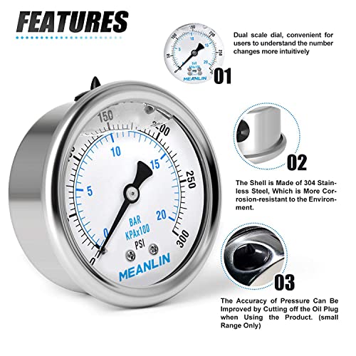 MEANLIN MEASURE 0~300Psi Stainless Steel 1/4" NPT 2.5" FACE DIAL Liquid Filled Pressure Gauge WOG Water Oil Air Center Back Mount, with 1/2" NPT and 3/8" NPT Hex Bushing - size: 0-300Psi