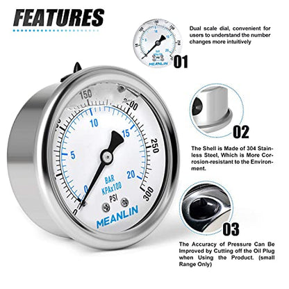 MEANLIN MEASURE 0~300Psi Stainless Steel 1/4" NPT 2.5" FACE DIAL Liquid Filled Pressure Gauge WOG Water Oil Air Center Back Mount, with 1/2" NPT and 3/8" NPT Hex Bushing - size: 0-300Psi