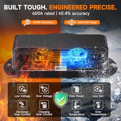 2026 Bluetooth Battery Monitor with 600A Smart Shunt FOXWELL BT630, Track Volt/Amp/Watt/Capacity, 8 Protection Alarms, for LiFePO4/Lithium/RV/Solar/Marine/Off-Grid, Extend Battery Life, Easy Install