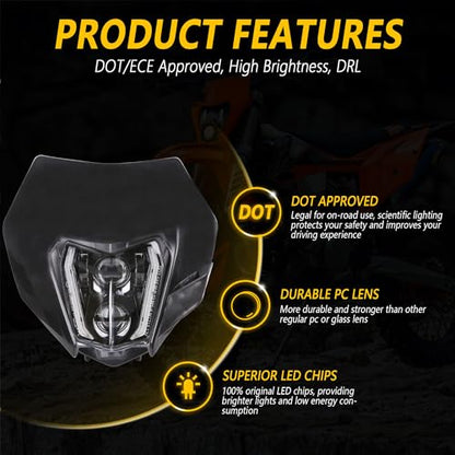 RAMJET4X4 LED Motorcycle Headlight Dirt Bike DRL Headlamp with Bezel Compatible With Motocross Pit Bike Enduro ATV Supermoto 150 250 350 450 500 SX XCW EXC SXF XC SMC R 690 - color: black