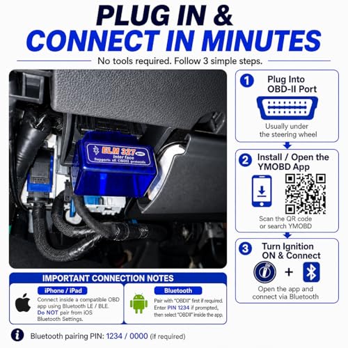OBD2 Scanner Bluetooth 5.1 Adapter for iPhone & Android, OBDII Car Diagnostic Code Reader for 12V Gas Cars, Check Engine Light Reader with Live Data, VIN, RPM, Coolant Temp, YMOBD App - color: blue