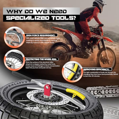 Dirt Bike Tire Changing Tool Kit Complete Package for Motocross, Enduro, Dirt Bikes 16" to 21" Wheels, Includes 15/17/20/25mm Axles, Colorful
