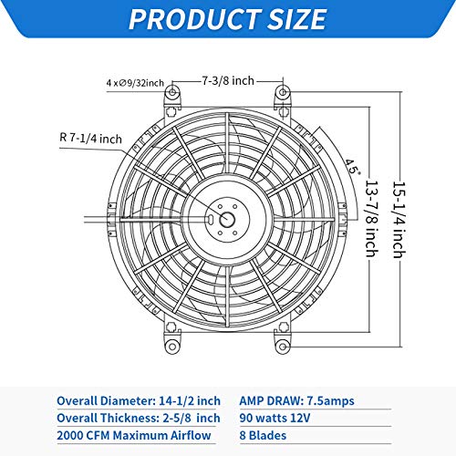 MONOKING 14" Inch Universal Slim Pull Push Electric Radiator Fan Engine Cooling, Universal High Performance Reversible Radiator Cooling Fans with Mounting Kit 2000 CFM 12 Volts 7.5 Amps 90 Watts - size: 14 Inch-1PCS