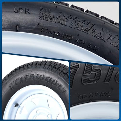 Trailer Tires Rims ST175/80D13 175 80 13 Tire, 5 Lug on 4.5", White Spoke Wheel Load Range C, 6 PLY, Set of 2 - size: ST175/80D13, style: 5 Lug