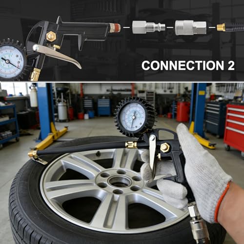 Gunpla 19 Pieces Air Compressor Accessories kit, Heavy Duty Air Blow Gun Air Hose Fittings and 150 PSI Tire Inflator Gauge, 1/4 in x 25 ft Recoil Poly Air Compressor Hose Kit