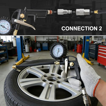 Gunpla 19 Pieces Air Compressor Accessories kit, Heavy Duty Air Blow Gun Air Hose Fittings and 150 PSI Tire Inflator Gauge, 1/4 in x 25 ft Recoil Poly Air Compressor Hose Kit