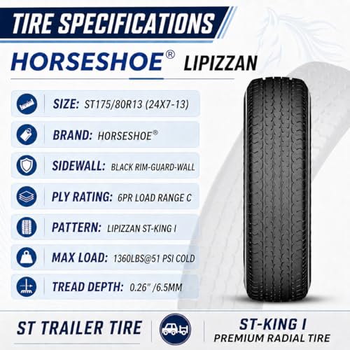 HORSESHOE LIPIZZAN 4 New ST175/80R13 6PLY ST-KING I Steel Belted LRC Heavy Duty Premium Radial Trailer Tires w/Featured Rim-Guard-Wall 91/87M 81mph BSW All Terrain All Season (4, ST 175/80R13 6PR) - size: ST 175/80R13 6PR