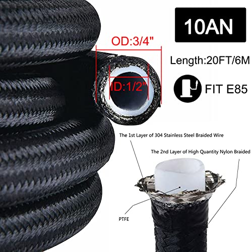 10AN 20FT PTFE Fuel Line Hose Kit, E85 Stainless Steel Nylon Braided - size: 10AN Fitting+20Ft Hose