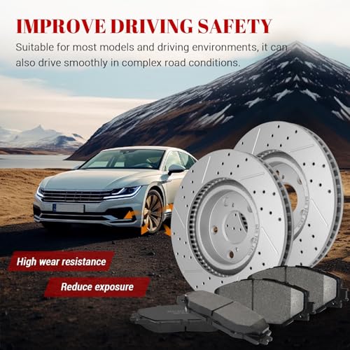 Front & Rear Drilled Slotted Rotors and Ceramic Disc Brake Pads Kit for Toyota Rav4 2016 Hybrid (Limited/Xle), Rav4 2017 Hybrid (Limited/Se), Rav4 2018 Hybrid (Limited/Se/Xle)