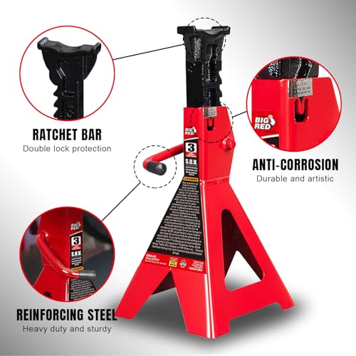 Big RED 3 Ton Jack Stands, 14-20.5 Inch Adjustable Height for Lifting UTV/ATV, Cars, SUV, 6000 lb Capacity, 1 Pair - size: 3 ton SUV