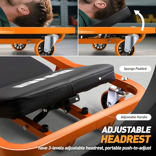 DNA MOTORING TOOLS-00272 Rolling Car Creeper with 3-leves Adjustable Headrest & 6 Casters,300lbs Max Weight Capacity,Orange - color: Orange