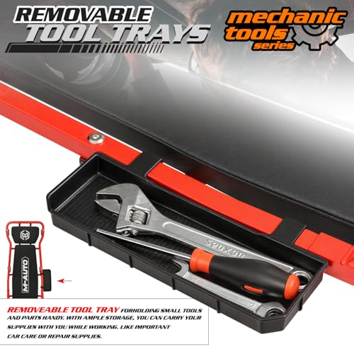 M-AUTO Heavy-Duty Automotive Creeper with 3-leves Adjustable Headrest, 42.5" Padded Metal Frame Creeper with Tools Tray for Garage Shop, 6 Noiseless Casters 300LBS Capacity, Red