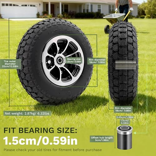 13x4.00-6 Tire and Aluminum alloy wheel Assemblies, 40% rubber content, 4.10/3.50-6 Tire Replacement for Hand Trucks Garden Cart Wheelbarrow, 1.96" Offset Hub and 0.59" Bushing - color: 4.10/3.50-6 solid tire