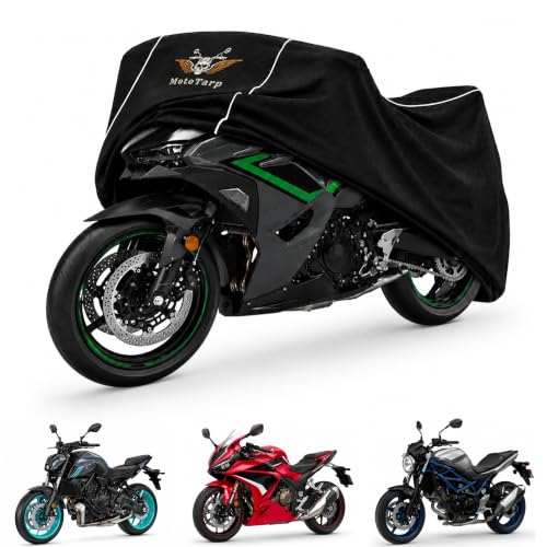 600D Heavy-Duty Waterproof Motorcycle Cover for Sport & Naked Motorcycles, All-Season Weatherproof Outdoor Protection with Air Vents, Exhaust Heat Shield, Wheel Lock Slots & Reflective Strips - size: Large (90X35X52)