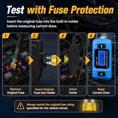 Automotive Circuit Fault Probe Tester, 20A 48V Parasitic Battery Drain Tester for Car Fuse Circuits, Inline Current Monitor with Digital Display, LED Work Light, Mini & Standard Blade Fuse Compatible