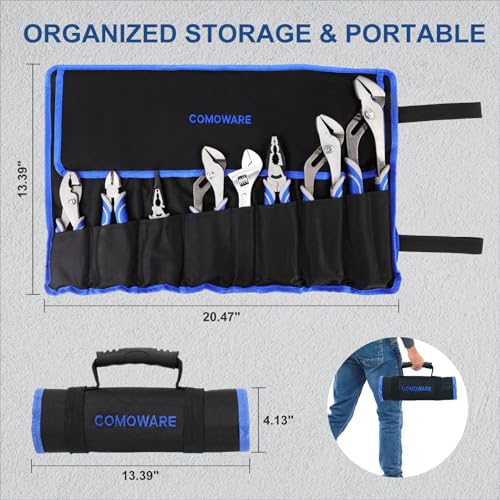 COMOWARE 8Pcs Pliers Set, 12", 10", 8" Groove Joint Pliers, 8" Adjustable Wrench, 8" Linesman, 6" Long Needle Nose, 6" Slip Joint, 6" Diagonal, Roll-Up Pouch Organizer, Rust-proof Black Oxide Coating - style: 8 Pcs