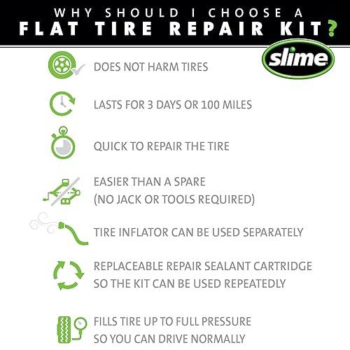 Slime 50139 Flat Tire Puncture Emergency Kit, Includes Sealant and Tire Inflator Pump, Analog, Suitable for Cars and Other Highway Vehicles, 10 Min Fix - size: No Size