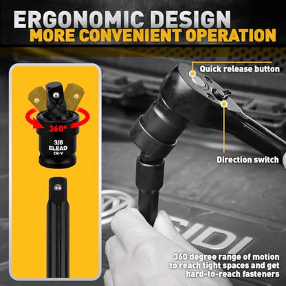 ELEAD 96-Piece 3/8" Drive Impact Socket Set, SAE(5/16 to 3/4-Inch) & Metric(8-22mm), Standard & Deep Sockets, Ratchet Handle, Bit Set, Universal Joint, Extension Bar, Adapters, Spark Plug Sockets - color: 96pcs 3/8'' Drive Impact Socket Set Black