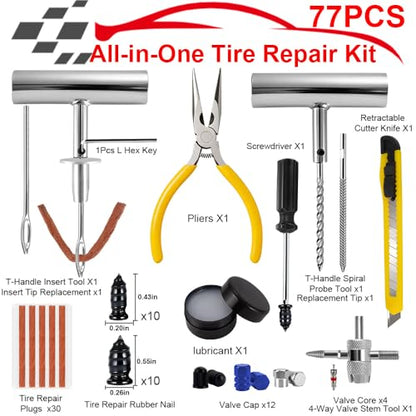 77Pcs Tire Plug Kit, Heavy Duty Tire Repair with Rubber Nails, Screw Plugs, T-Handle, Professional Fix a Flat Puncture Patch Tools Kit for Car, Motorcycle, Truck, UTV, ATV & Lawn Mower Tubeless - size: 77 Piece Set