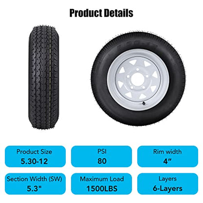 5.30-12 5.30x12 530-12 5.30-12 Trailer Tires with 12" Rims, 5 Lug on 4.5", Load Range C, 6PR - size: 530-12, style: 5 Lug