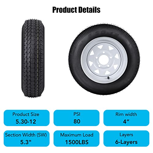 5.30-12 5.30x12 530-12 5.30-12 Trailer Tires with 12" Rims, 5 Lug on 4.5", Load Range C, 6PR - size: 530-12, style: 5 Lug