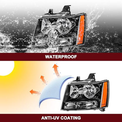 JSBOYAT Headlight with Bulbs Fit 2007-2014 Chevy Tahoe Suburban Avalanche - color: Black Housing with Amber Reflector, size: w/ 9005&H11 Bulbs