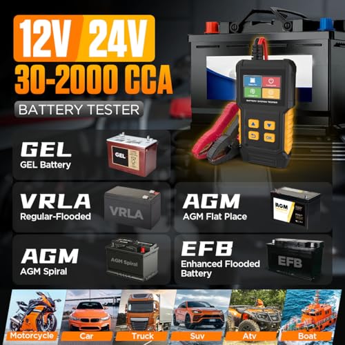 Car Battery Tester 12V 24V Automotive Battery Load Tester 30-2000 CCA, Auto Alternator Tester Charging Cranking System Testing for Car Truck Motorcycle ATV SUV Boat