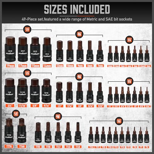 HORUSDY 66-Piece Allen Socket Set, Torx Bit & Female External Star Sockets | Durable S2 Steel SAE & Metric Kit for Automotive, Motorcycle & Home Repair | T8-T70, E4-E24 with 4 Impact Adapters - color: 66 Pcs Orange