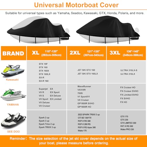Jetski Cover 900D Waterproof for Yamaha Kawasaki,21IN-135IN 3 Seater PWC - color: Silver-900-D, size: 2XL-121"-135"