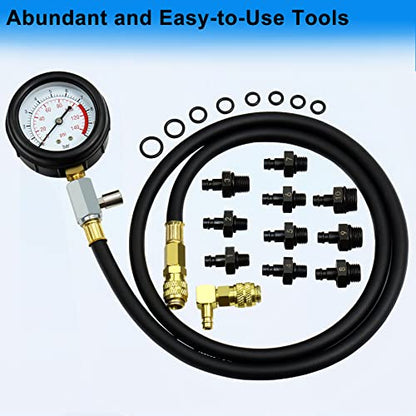 JoyFans Oil Pressure Tester Tool, 0-140PSI Oil Pressure Gauge Kit for Fuel System Mechanical Sensor Engine Cylinder Compression Test with Hose Adapters for Cars ATVs Trucks Use Black Case - color: Black Suitcase