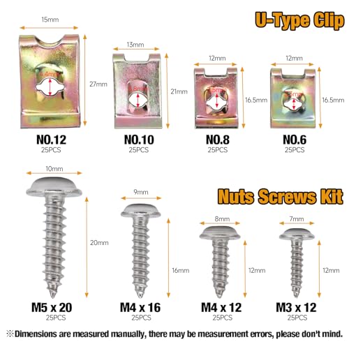 Automotive Screws and Clips, 100PCS Car U‑Clips Nuts 6/8/10/12 Assortment Interior Trim Fasteners with Stainless Steel Screws for Dash Door Panel Interior