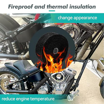Exhaust Heat Wrap Roll 2" x 33' Black Fiberglass Heat Shield Tape 1 Rolls 5cm x 10m with 10pcs Stainless Ties for Motorcycle Car Truck - style: Black33' /1roll