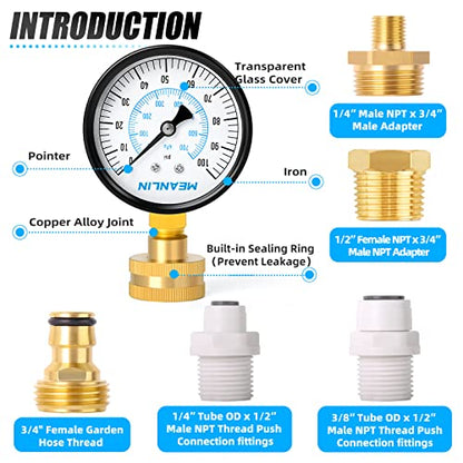 MEANLIN MEASURE 0~100Psi 3/4" Female Water Pressure Kit Plus 5 adapters, 2.5" FACE DIAL Multi-Purpose Pressure Gauge Kit, Hydraulic Tester,Suitable for Gardens, Water Pipes, etc - color: Black, size: 0-100Psi (With Fittings)