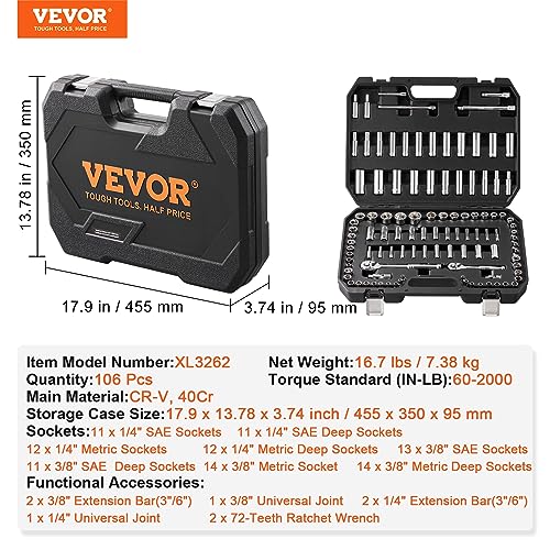 VEVOR Socket Set, 1/4" and 3/8" Drive Socket and Ratchet Set, 6-Point Socket Opening, 106 Pcs Tool Set SAE and Metric, Deep and Standard Sockets, 5/32-1 in, 5-19 mm, with Accessories, Storage Case - size: 106-PCS