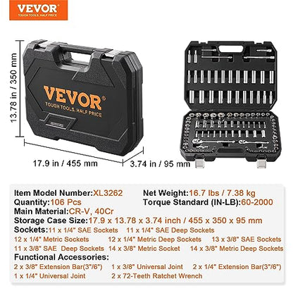 VEVOR Socket Set, 1/4" and 3/8" Drive Socket and Ratchet Set, 6-Point Socket Opening, 106 Pcs Tool Set SAE and Metric, Deep and Standard Sockets, 5/32-1 in, 5-19 mm, with Accessories, Storage Case - size: 106-PCS