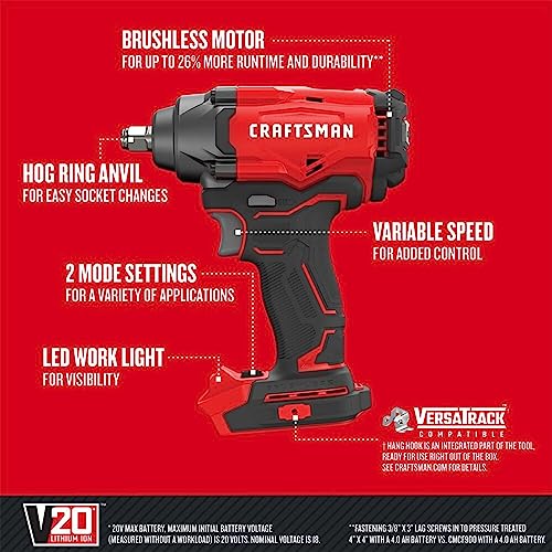 CRAFTSMAN V20 Cordless Impact Wrench, 1/2 inch, Bare Tool Only (CMCF920B) - style: Brushless Impact Wrench (Tool Only)