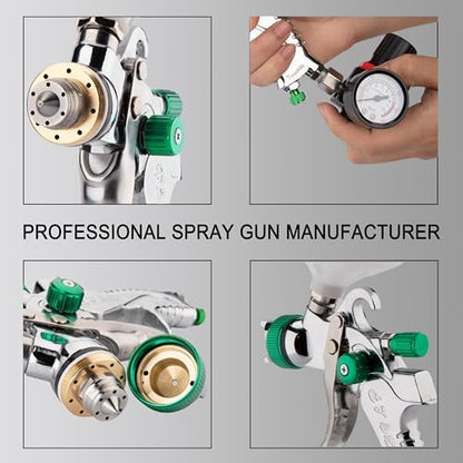Professional HVLP Spray Gun, 1.3/1.5/1.8mm Nozzle HVLP High Atomization Flow Adjustable Pneumatic Gravity Spray Gun with 600cc Cup & Gauge for Paint Touch-Up(Green) - color: X-2008-1.3set-green