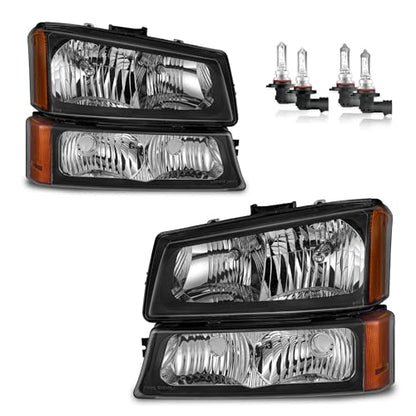 Halogen Headlights for 2003-2007 Chevy Silverado 1500 2500 3500 - color: Clear Lens I Black Housing I Amber Reflector