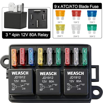 12V 9 Way Fuse Relay Box, 3x4-Pin 80Amp Relays and 9 ATC/ATO Blade Fuse Slots, for Cars Truck Marine Boat Jeep - size: 80A 3 Relay 9 Fuses, style: Box