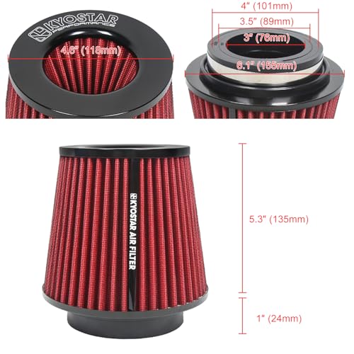 KYOSTAR Universal 3/3.5/4" (75/89/100mm) High-Flow Air Filter, Reusable Cone Cold Air Intake, High Performance, Clamp-On Car High Flow Dry Air Kit, Flange Diameter: 3/3.5/4 Inch, Height: 6.2 Inch, Red - color: 3/3.5/4" (75/89/100mm), Red