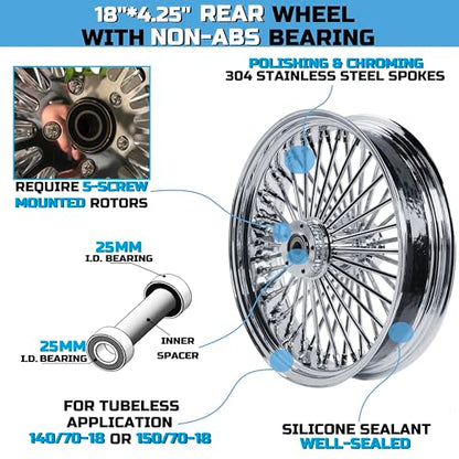 FatFlex 18"×4.25" Wide Rear Wheel Fat Spokes for Harley - style: 18"x4.25", Chrome+Chrome+Chrome(NON-ABS)